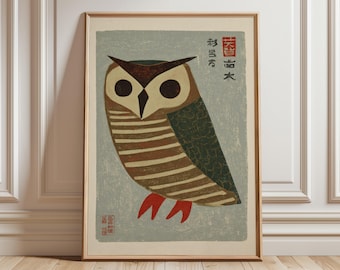 Japanse uilkunstdruk, vintage houtsnedestijl, moderne dierenposter uit het midden van de eeuw