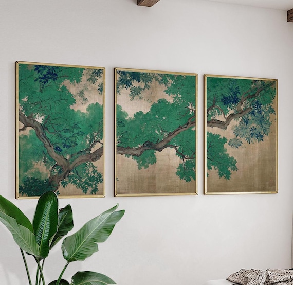Japanese Tree Branch Poster Set | Green Botanical Triptych Nature