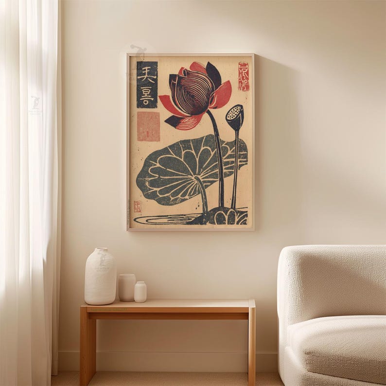 Lotus Flower Poster | Japanese Botanical Print | Vintage Style Wall Art ...