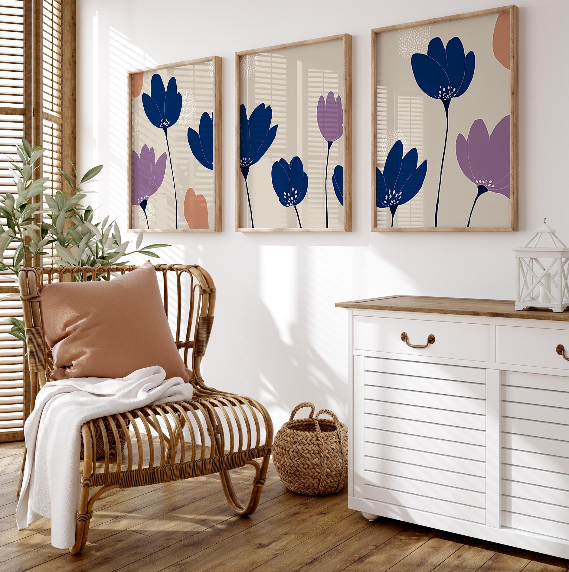 Blue Floral Wall Art Posters | Modern Botanical Triptych Prints | Set ...