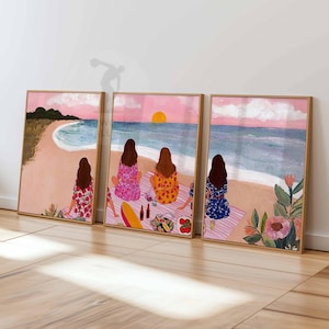 Beach Picnic Wall Art Set of 3, Summer Coastal Poster Trio, Ocean Sunset with Friends, Vibrant Girls on Beach Prints, Seaside Wall Decor