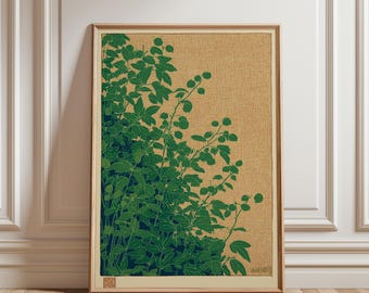 Puede incluir: Una impresión botánica enmarcada que presenta hojas y tallos verdes sobre un fondo beige. La obra de arte muestra detalles de la naturaleza, con un estilo vintage. El marco es de color marrón claro.