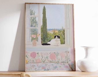 Lámina artística vintage de un gato, gato blanco y negro sobre un sofá floral.