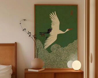 Japanese Crane in Swirling Cloud Skies, Woodblock-style Poster - Etsy