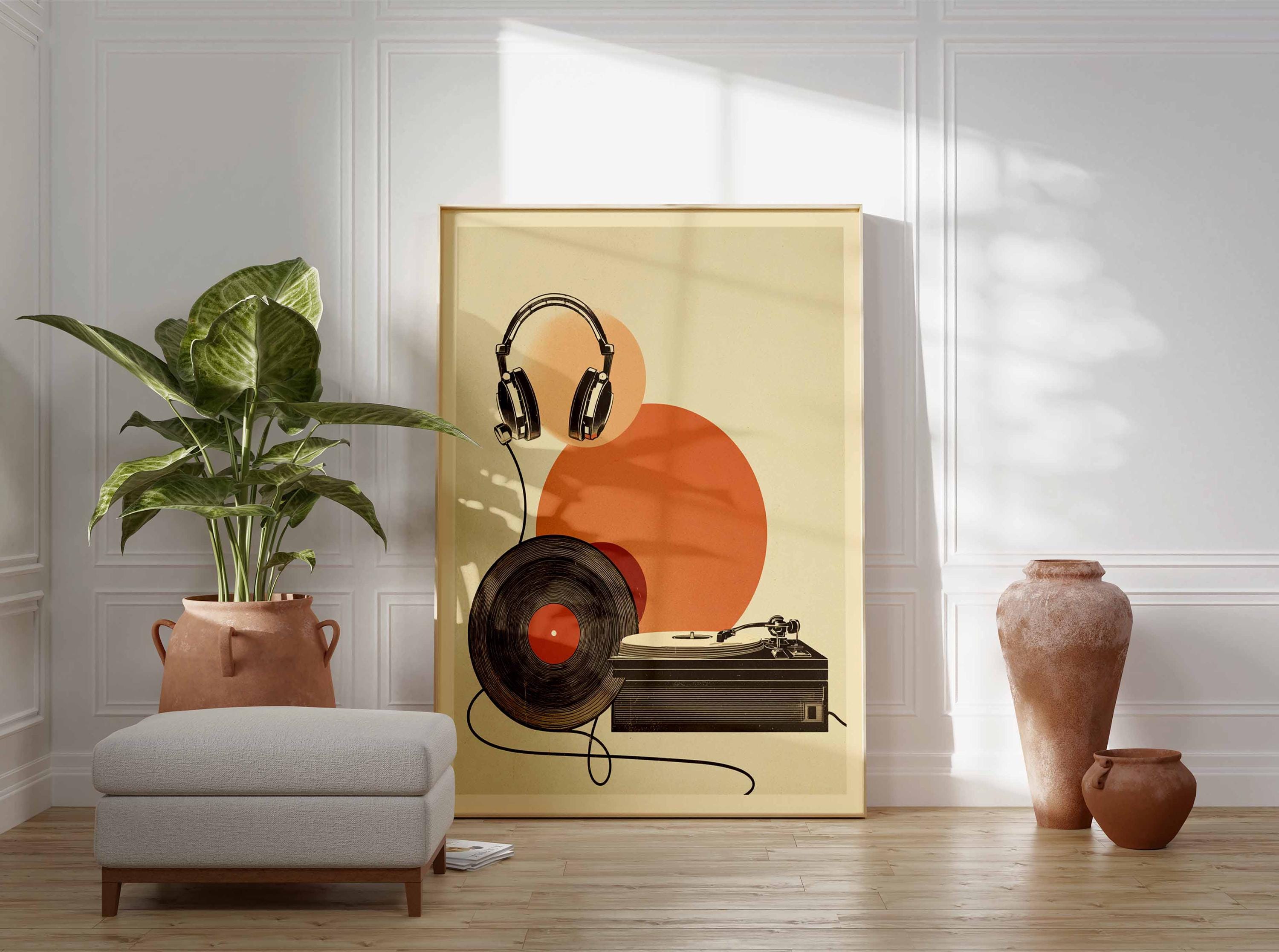 70s Music Poster, Retro Vinyl Record Player and Headphone Wall Art