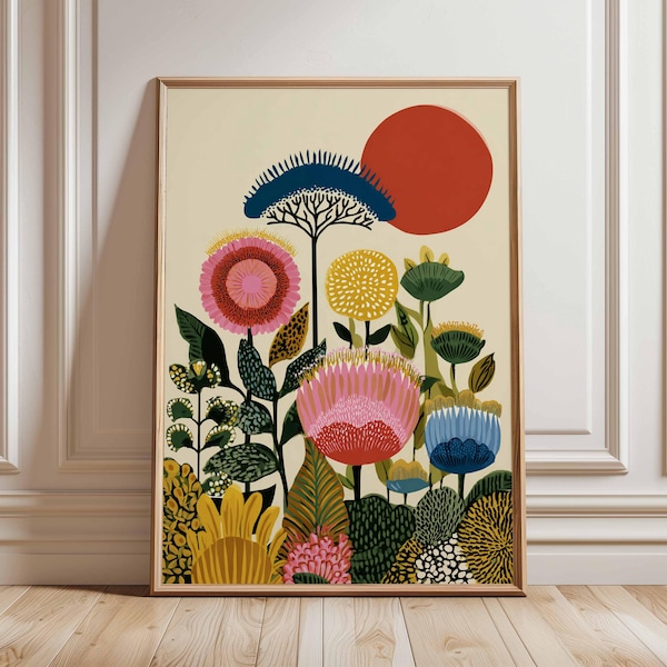 Impresión de arte mural botánico colorido, póster floral moderno, obra de arte floral vibrante para la decoración de la sala de estar o el dormitorio.
