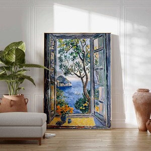 Puede incluir: Una pintura de una ventana abierta con vista a un oc&eacute;ano azul y una peque&ntilde;a isla. La ventana est&aacute; enmarcada en madera y la escena est&aacute; pintada en un estilo impresionista.