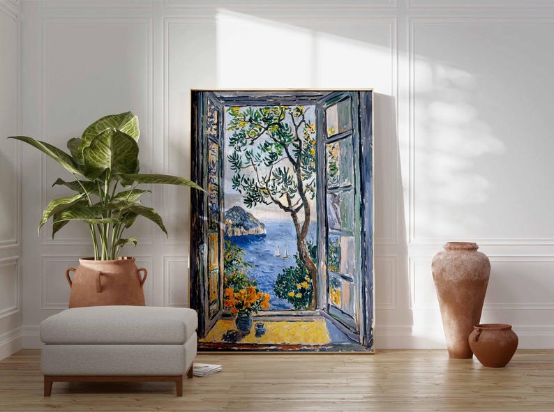 Puede incluir: Una pintura de una ventana abierta con vista a un oc&eacute;ano azul y una peque&ntilde;a isla. La ventana est&aacute; enmarcada en madera y la escena est&aacute; pintada en un estilo impresionista.