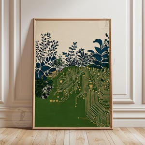 May include: Framed art print with a distinctive design. The artwork blends botanical elements with circuit board patterns. The upper section shows dark blue and green foliage against a cream backdrop, while the lower half features a green circuit board.