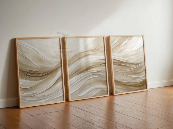 Set of 3 Abstract Prints, Neutral Abstract Posters, Beige White