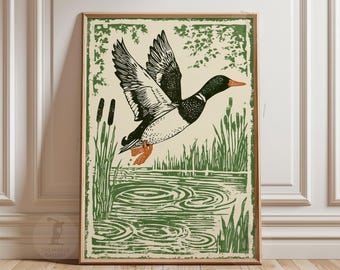 Mallard Duck Over Pond Poster | Reed Marsh Wildlife Wall Art Print | Vintage Block Illustration