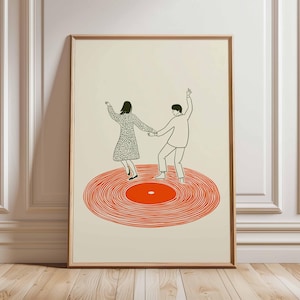 Dancing Couple Wall Art Print, Retro Record Player Poster, Modern Music Inspired Illustration for Home Bar or Living Room