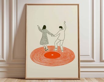 Impresión artística de pared de pareja bailando, póster de tocadiscos retro, ilustración inspirada en música moderna para bar o sala de estar.