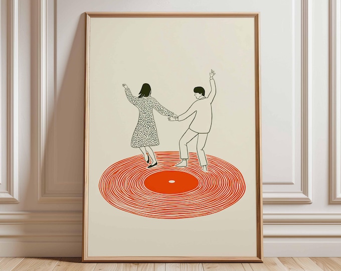 Impression d'art mural couple dansant, affiche de tourne-disque rétro, illustration inspirée de la musique moderne pour bar ou salon