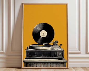 Impresión de arte mural de tocadiscos de vinilo, póster retro de tocadiscos, decoración vintage para sala de música, obra de arte moderna de mediados de siglo, impresión sin marco