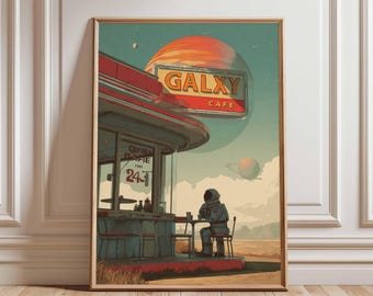 Puede incluir: Una impresión artística enmarcada representa una escena retro-futurista. Un astronauta está sentado en una mesa frente al "GALXY CAFE" bajo un gran planeta. El restaurante tiene un techo rojo y un letrero que dice "Abierto 24 horas". La paleta de colores incluye azules, naranjas y marrones apagados.