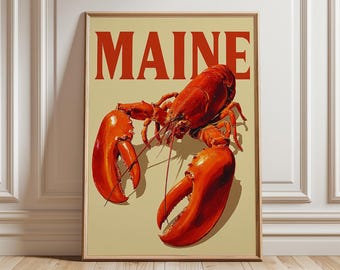 Póster vintage de langosta de Maine, lámina costera retro.
