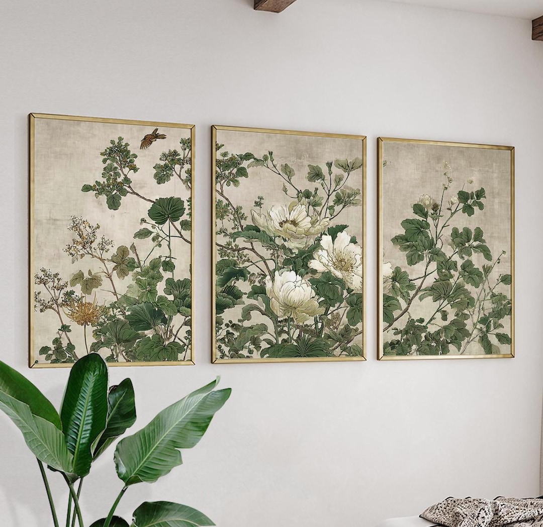 Vintage Botanical Flower Wall Art Set | Green Floral Triptych Posters ...