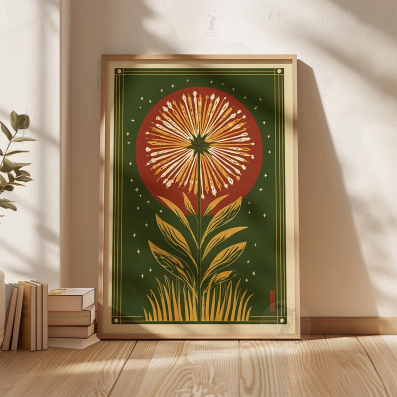 Art Deco Floral Poster, Green Botanical Folk Art Wall Print - Etsy UK