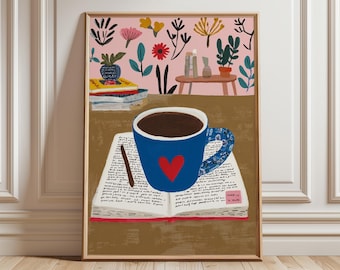 Stampa artistica "Caffè mattutino accogliente", ideale per decorare un angolo lettura.