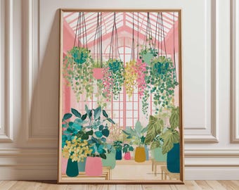 Lámina de plantas de invernadero, ilustración de jardín botánico, obra de arte colorida sobre la naturaleza.