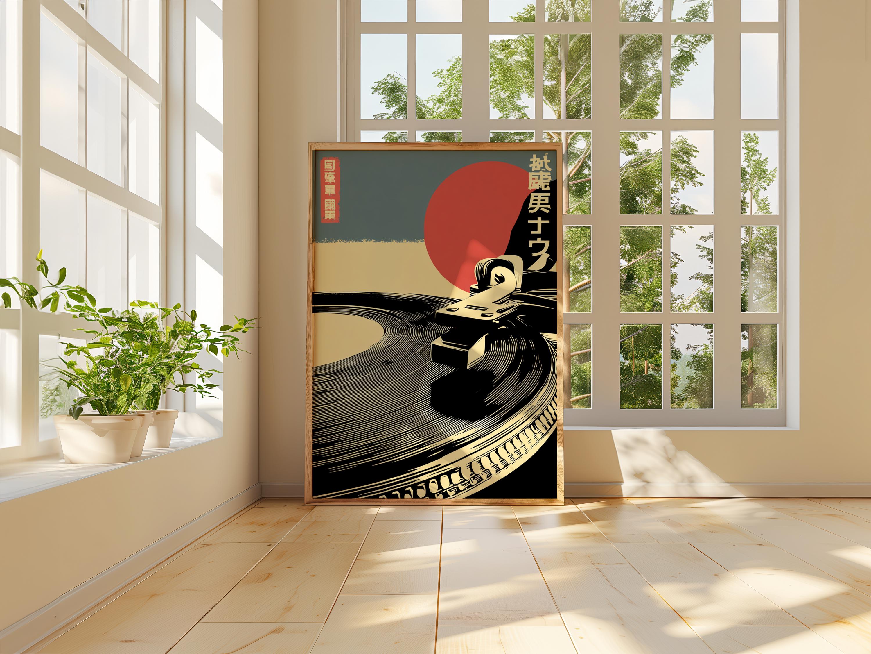 Japanese Retro Vinyl Record Player Print, Minimalist Music Wall