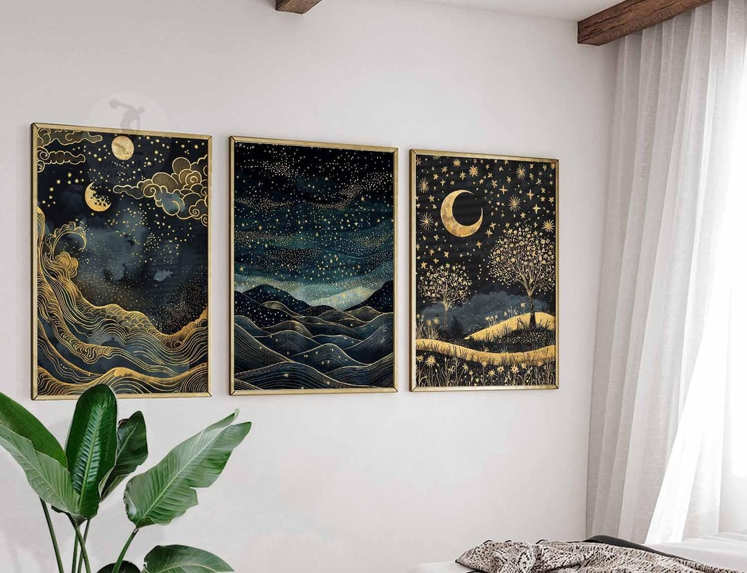 William Morris Night Sky Print Set, Gold Moon Decor - Etsy