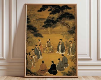 May include: Framed print of an ancient Chinese painting depicting a gathering of scholars. The artwork features figures in traditional robes, seated and standing in a garden setting with trees and a building. The color palette includes gold, brown, and green tones.