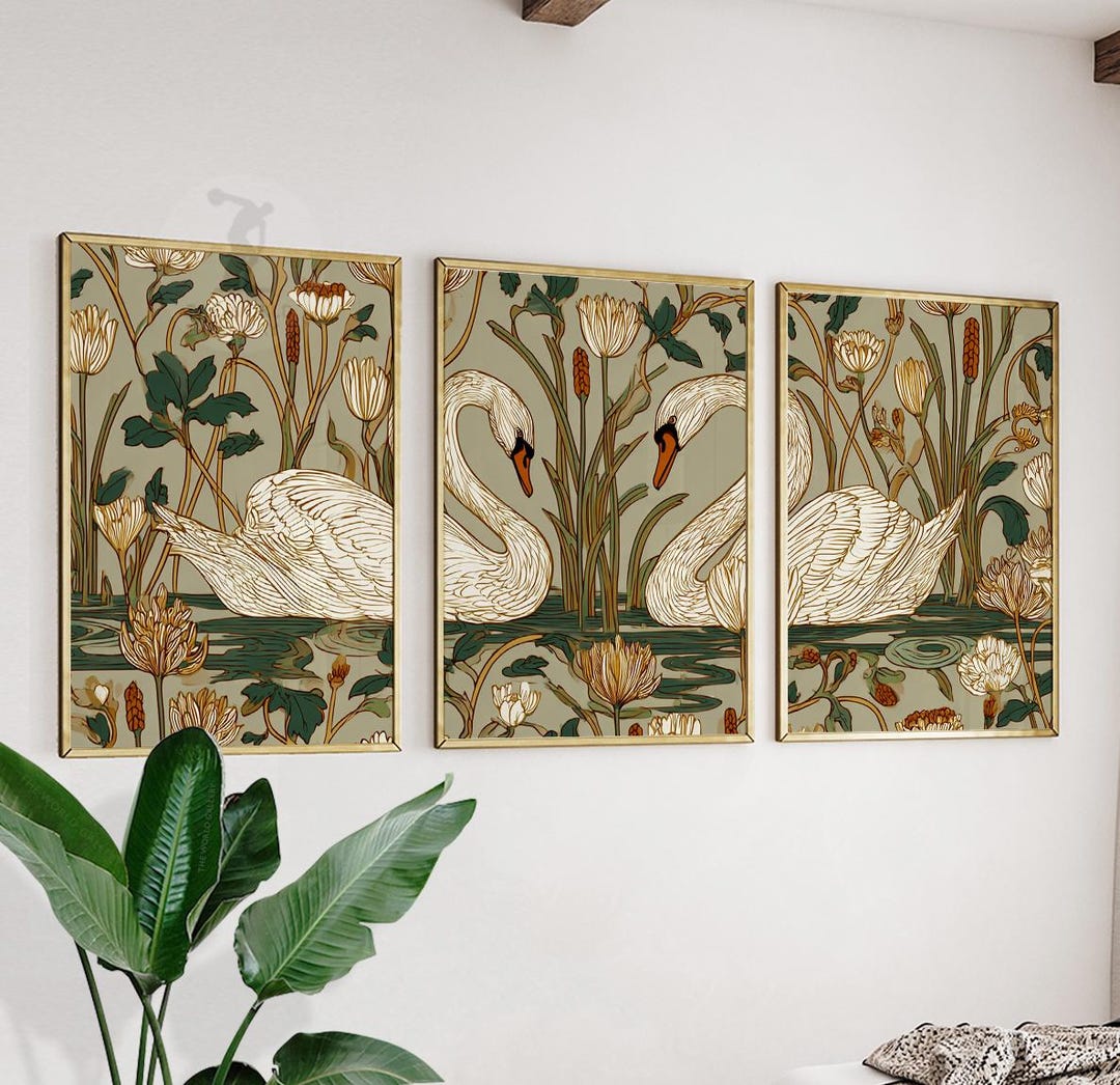 Swan Wall Art Set of 3 | Art Nouveau Botanical Print in Cream and
