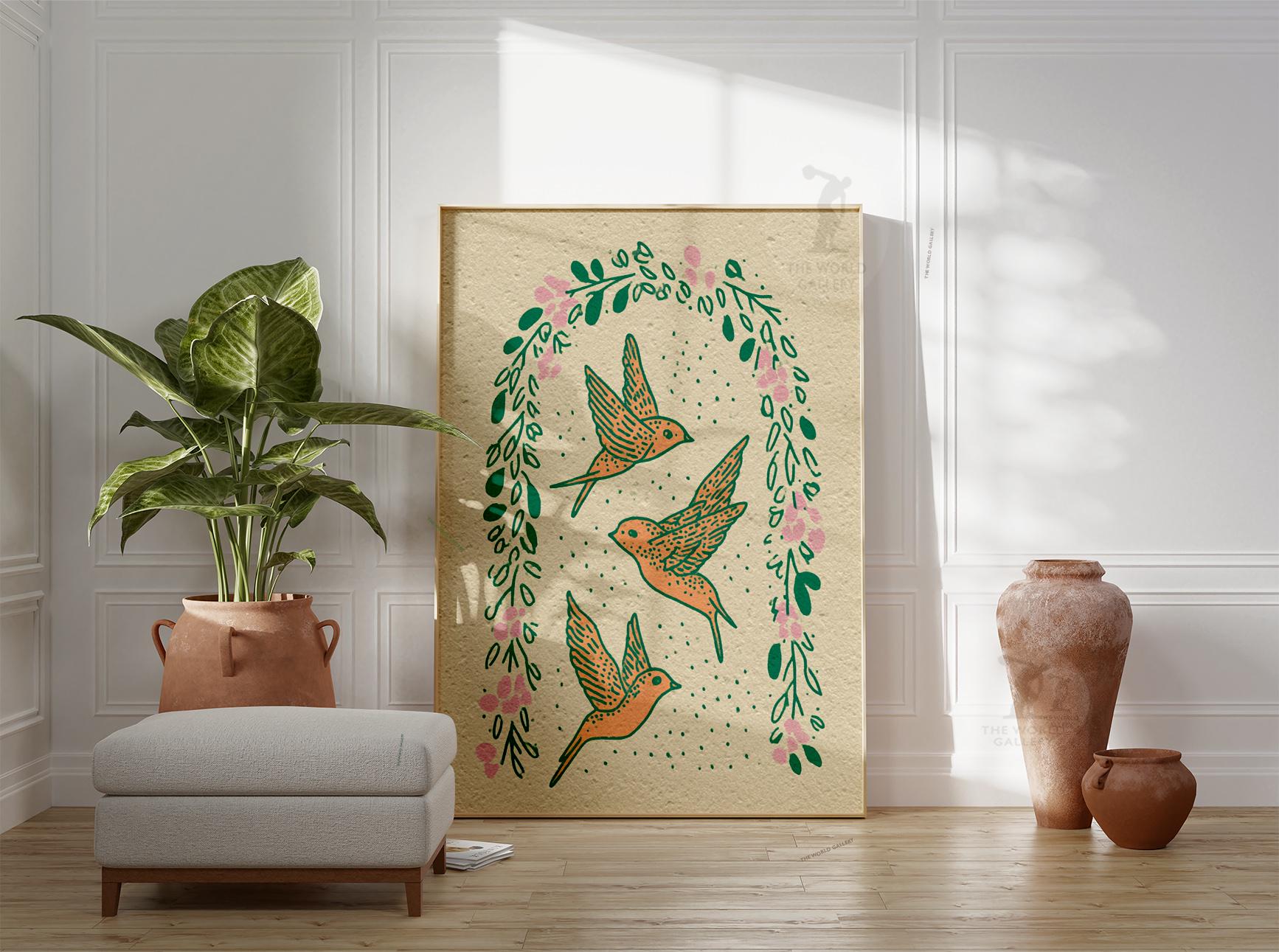 ヴィンテージ風 花と鳥のボード　壁掛け 飛んでいるツバメの鳥のポスター | 植物画の鳥のイラスト
