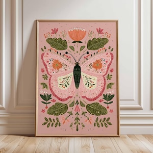 Lebendige Schmetterlingskunst Druck, Boho Botanisches Poster, Cottagecore Wandkunst, Rosa & Grüne Galeriewand, moderne Volkskunst, Naturliebhaber Geschenk
