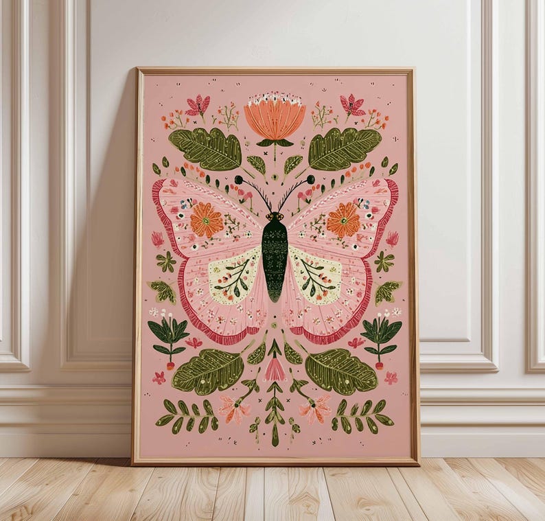 Butterfly Art Print, Pink Green Botanical, Modern Folk Wall Art - Etsy