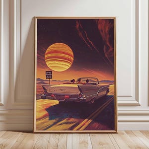 Póster retro de ciencia ficción, decoración cósmica surrealista de los años 70, póster espacial futurista, impresión de paisaje vintage, obra de arte espacial para dormitorio y sala de estar.