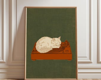 Cat on Turntable Print, Retro Illustration in Green and Orange
