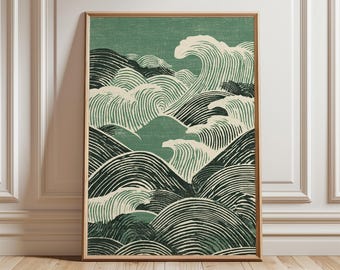 May include: A framed art print featuring a stylized depiction of ocean waves. The artwork uses a palette of dark green, light green, and off-white to create a sense of depth and movement. The waves are rendered with curved lines.