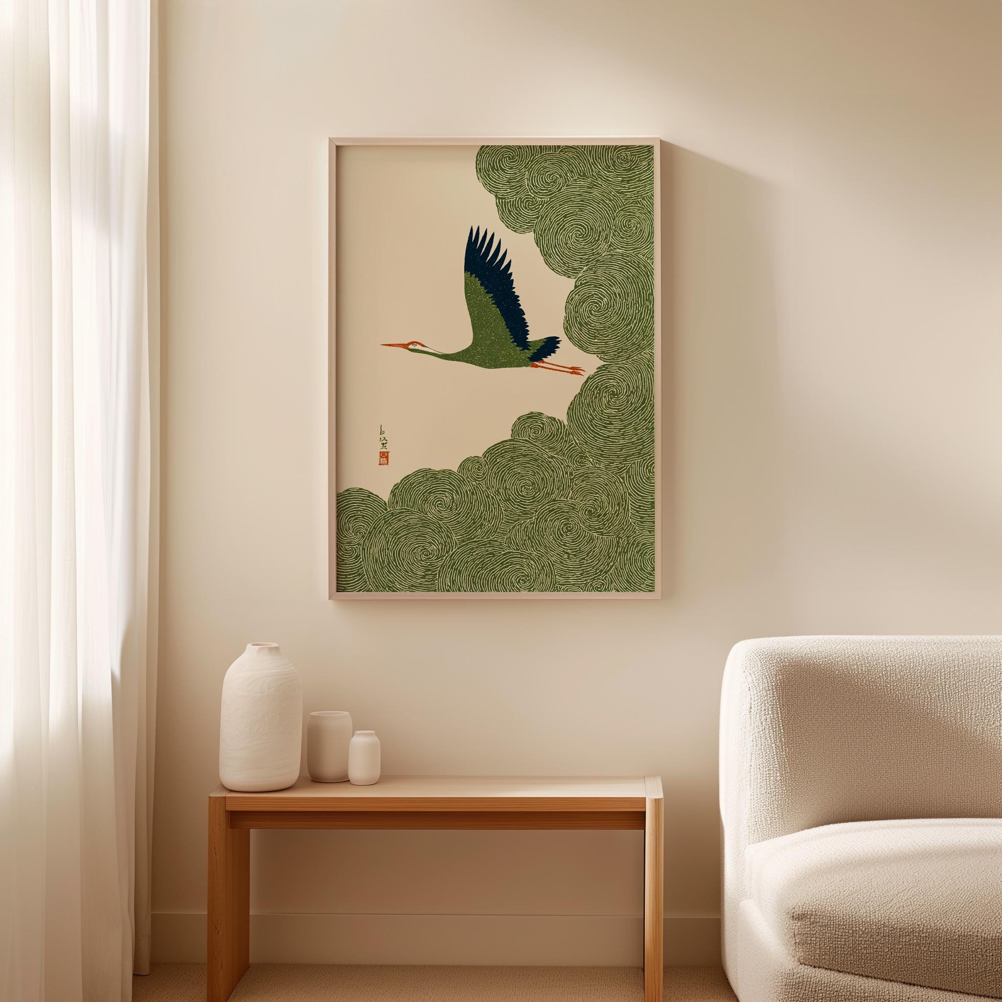 Japanese Crane in Swirling Cloud Skies, Woodblock-style Poster - Etsy