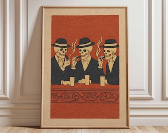 Vintage Skeleton Bar Print, Mexican Folk Art, Gothic Home Decor