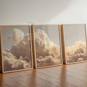 Juego de 3 impresiones de arte de pared con nubes para dormitorio, pósteres de nubes blancas y cielo beige, decoración vintage para el hogar, juego de 3 pósteres grandes, decoración de dormitorio