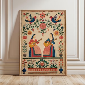 Impresión artística de música folclórica, arte mural bohemio vintage, póster floral colorido, pintura folclórica de Europa del Este, decoración artística del hogar