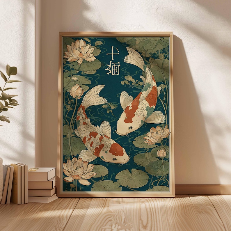 May include: Framed art print featuring two koi fish swimming in a pond with lily pads and lotus flowers. The artwork has a teal background and a wooden frame. The Japanese characters are visible in the upper right corner.