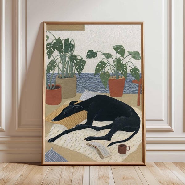 Greyhound Dog Art Print, Minimalist Pet Portrait Wall Decor, Modern Living Room Poster