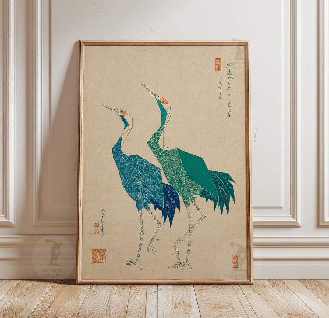 Japanese Crane Bird Poster | Teal Blue Origami Style Wall Art Print ...