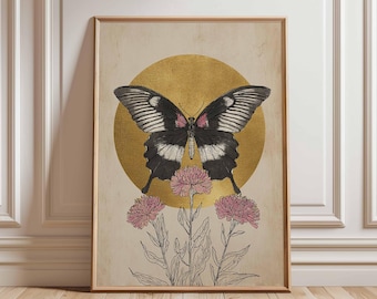 Lámina artística vintage de mariposas, póster botánico de polillas y cardos.