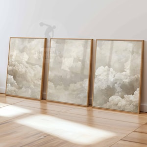 Beige Clouds Bedroom Wall Art Set of 3 Prints, White Clouds Beige Sky Posters, Vintage Home Decor, Set of 3 Large Poster Art, Bedroom Decor