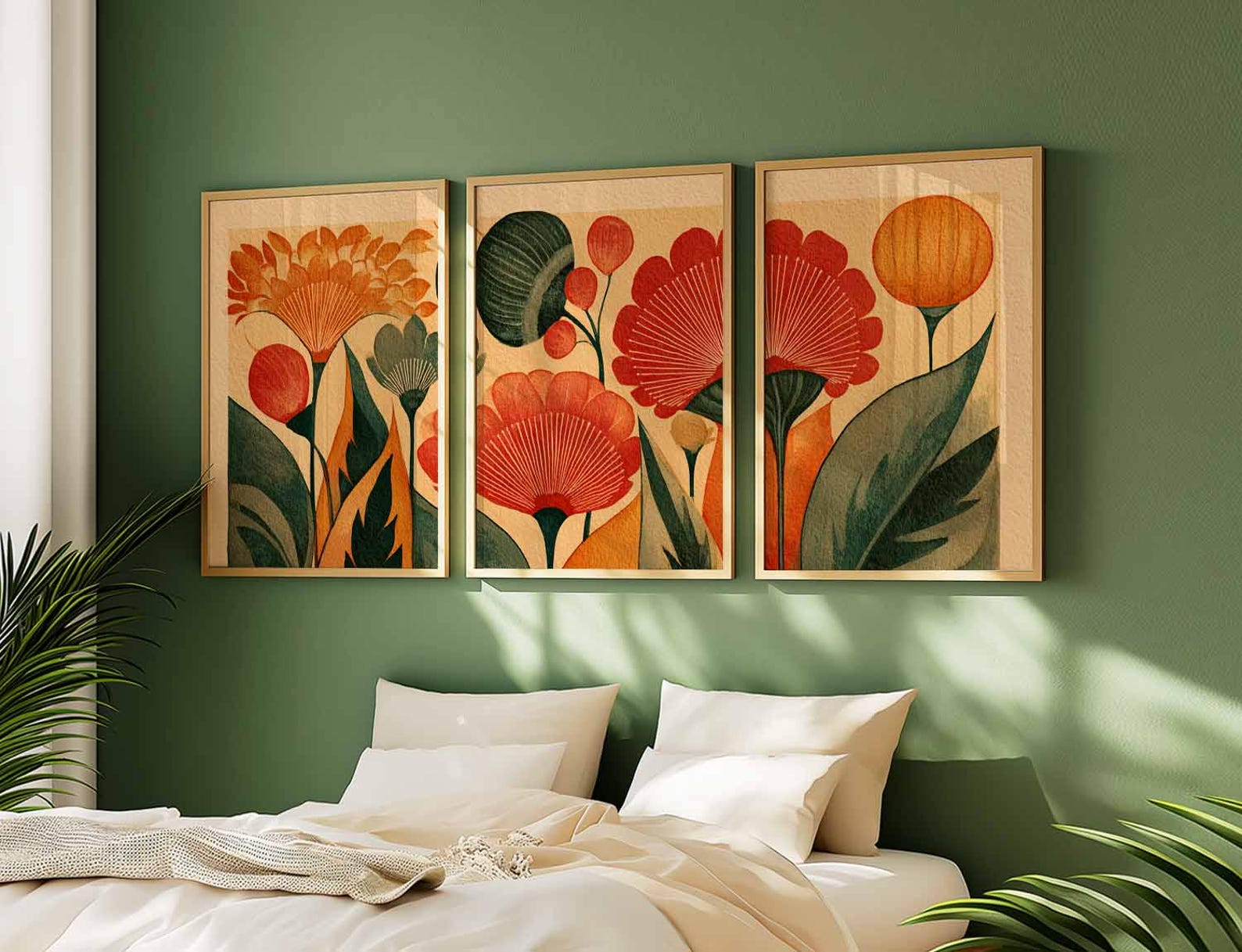 Retro Floral Wall Art Set of 3, Mid Century Modern Botanical Prints ...