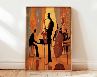 May include: A framed art print depicts a jazz band performing on stage. The musicians are rendered in silhouette against a backdrop of orange and yellow hues. A saxophone player stands center stage, with a piano player and upright bass player.