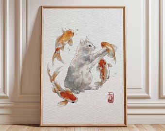 Cat and Koi Fish Watercolor Print, Japanese Zen Wall Art