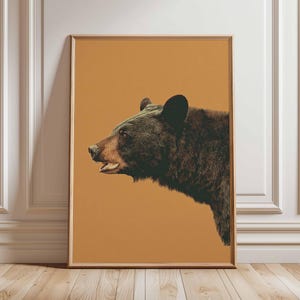 Póster vintage de oso, impresión minimalista de arte mural de animales, obra de arte natural de mediados de siglo, decoración moderna de vida silvestre, ilustración retro de bosque.