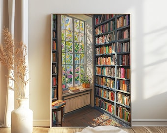 Póster de biblioteca vintage, decoración de pared para estantería, regalo para amantes de los libros