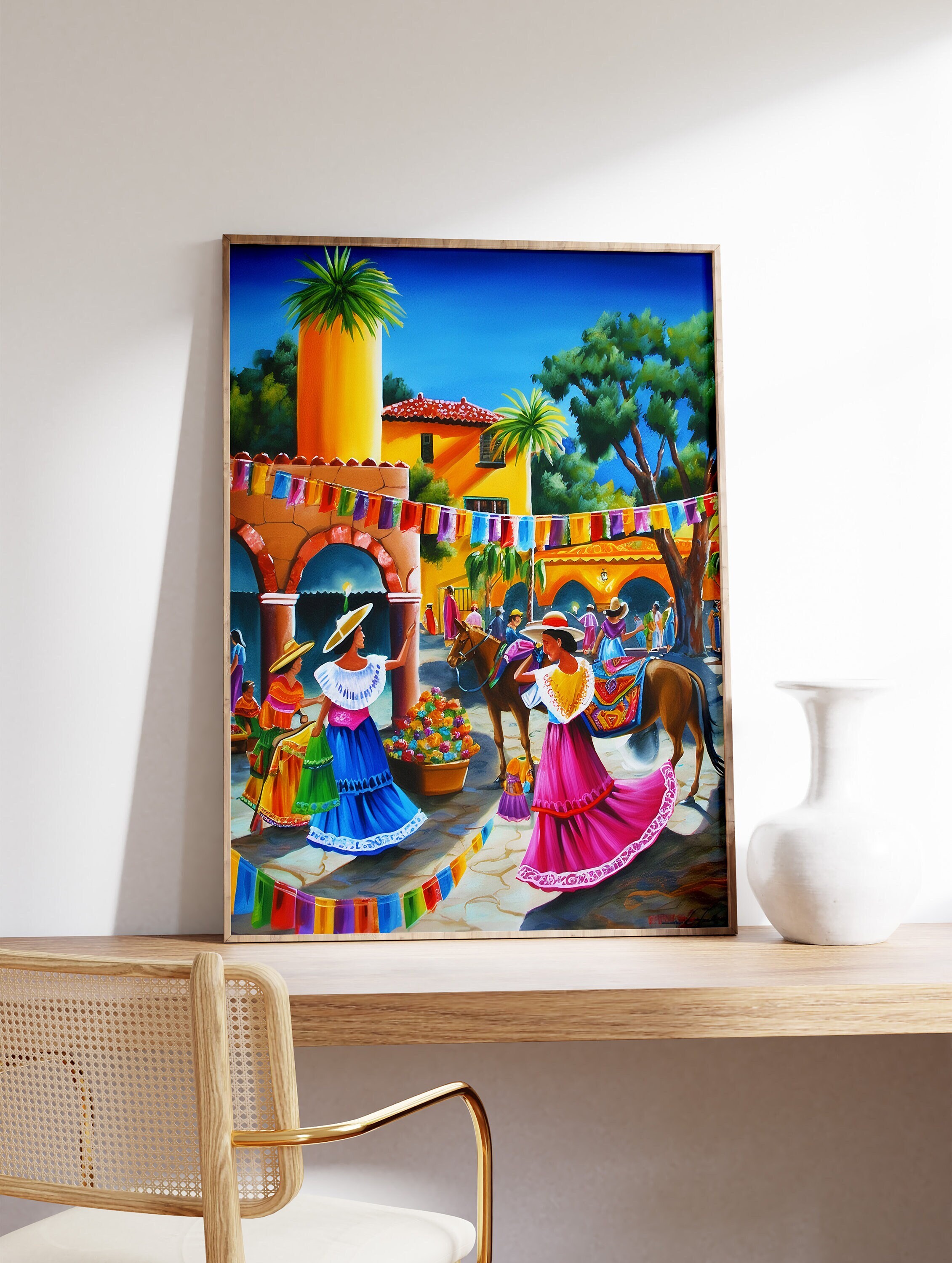 Vintage Vibrant Framed Scenic Mexican Popotillo Straw Art, A